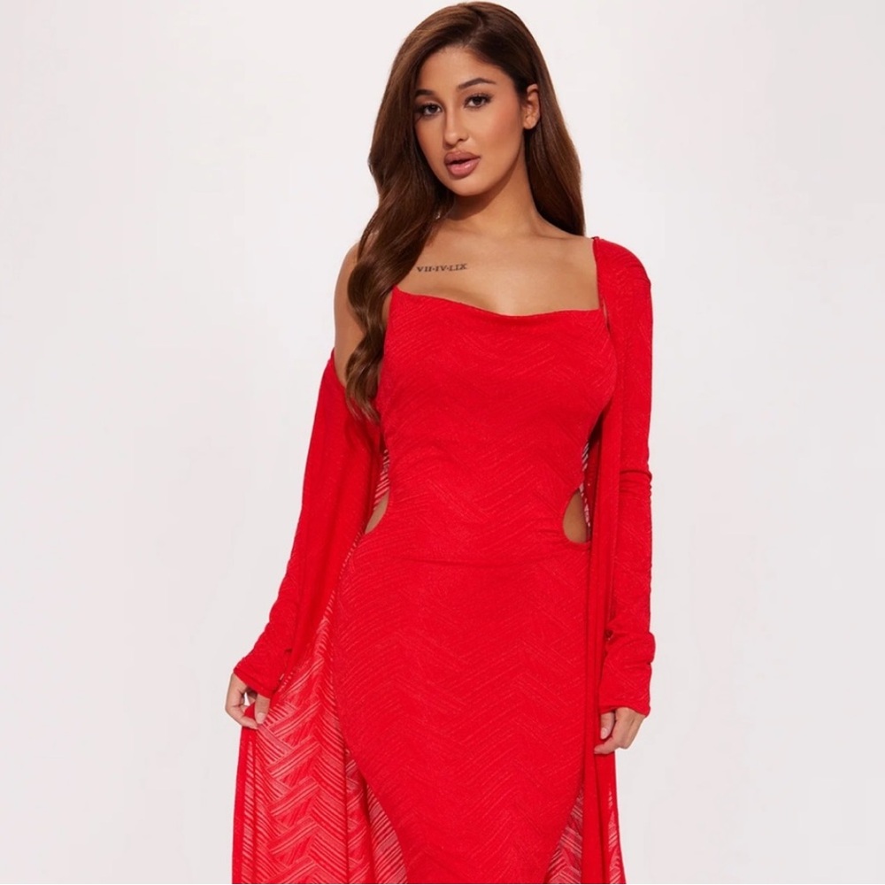 ~Joanne Red Backless Maxi Dress Set w/Classy Red Cardigan~